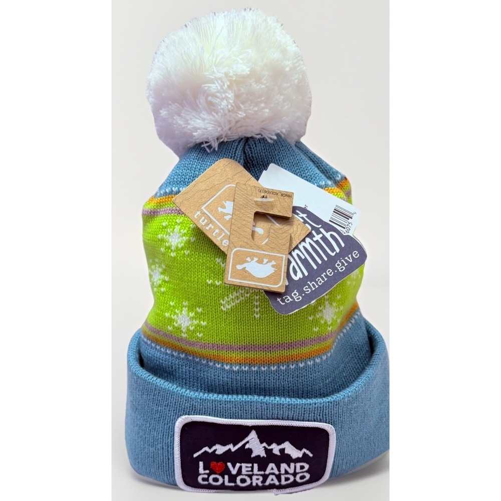 NWT Loveland Colorado Hat Beanie Knit Winter Ski Snowflake Mountain Blue Green